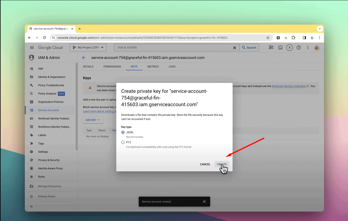 Cách nhận lấy khóa JSON của Google tạo khóa JSON Google