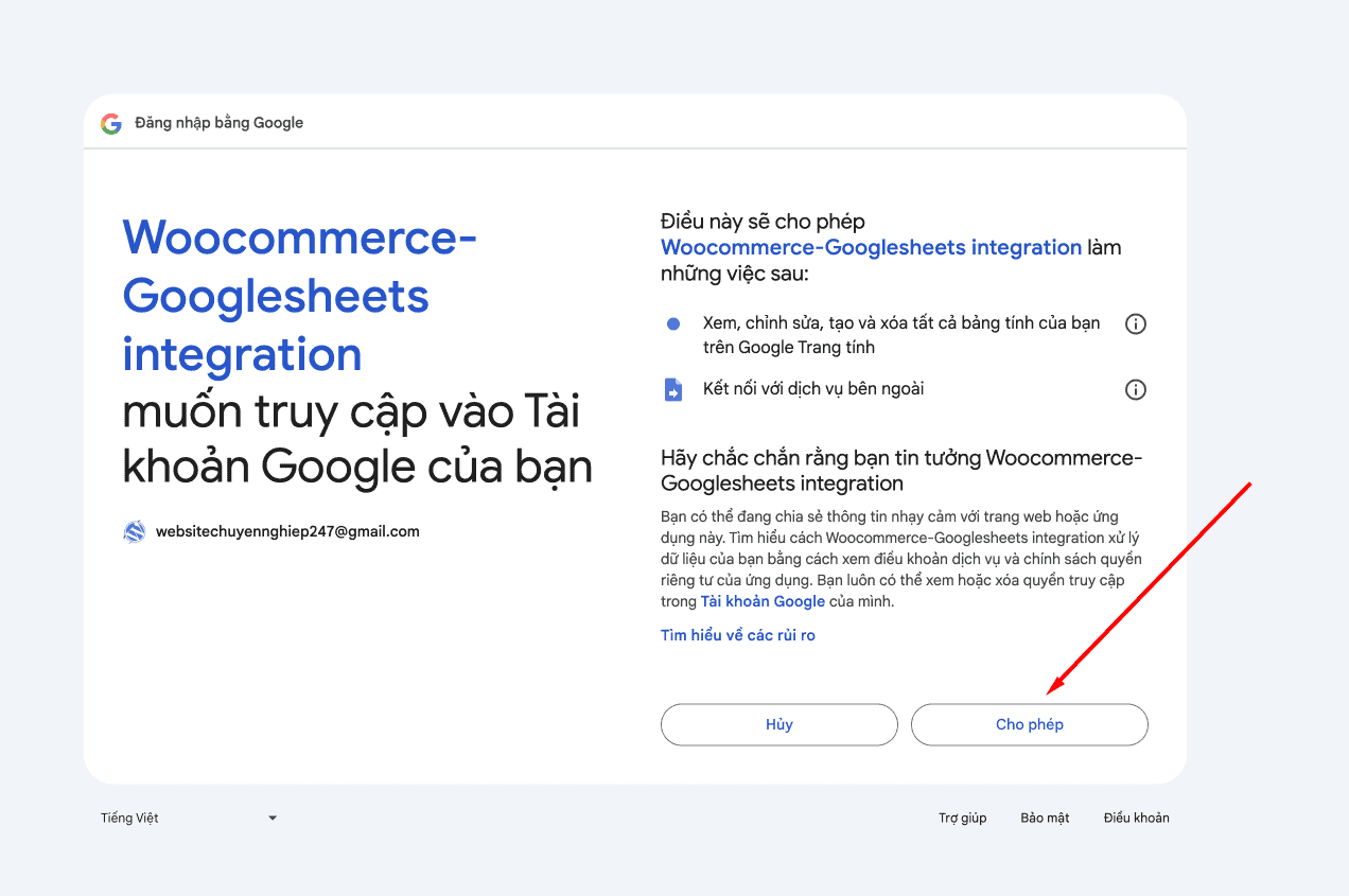 Đồng bộ đơn hàng WooCommerce lên Google Sheet hoàn tất cấp quyền cho Woocommerce-Googlesheets integration