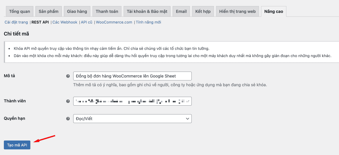 Đồng bộ đơn hàng WooCommerce lên Google Sheet Tạo mã API.
