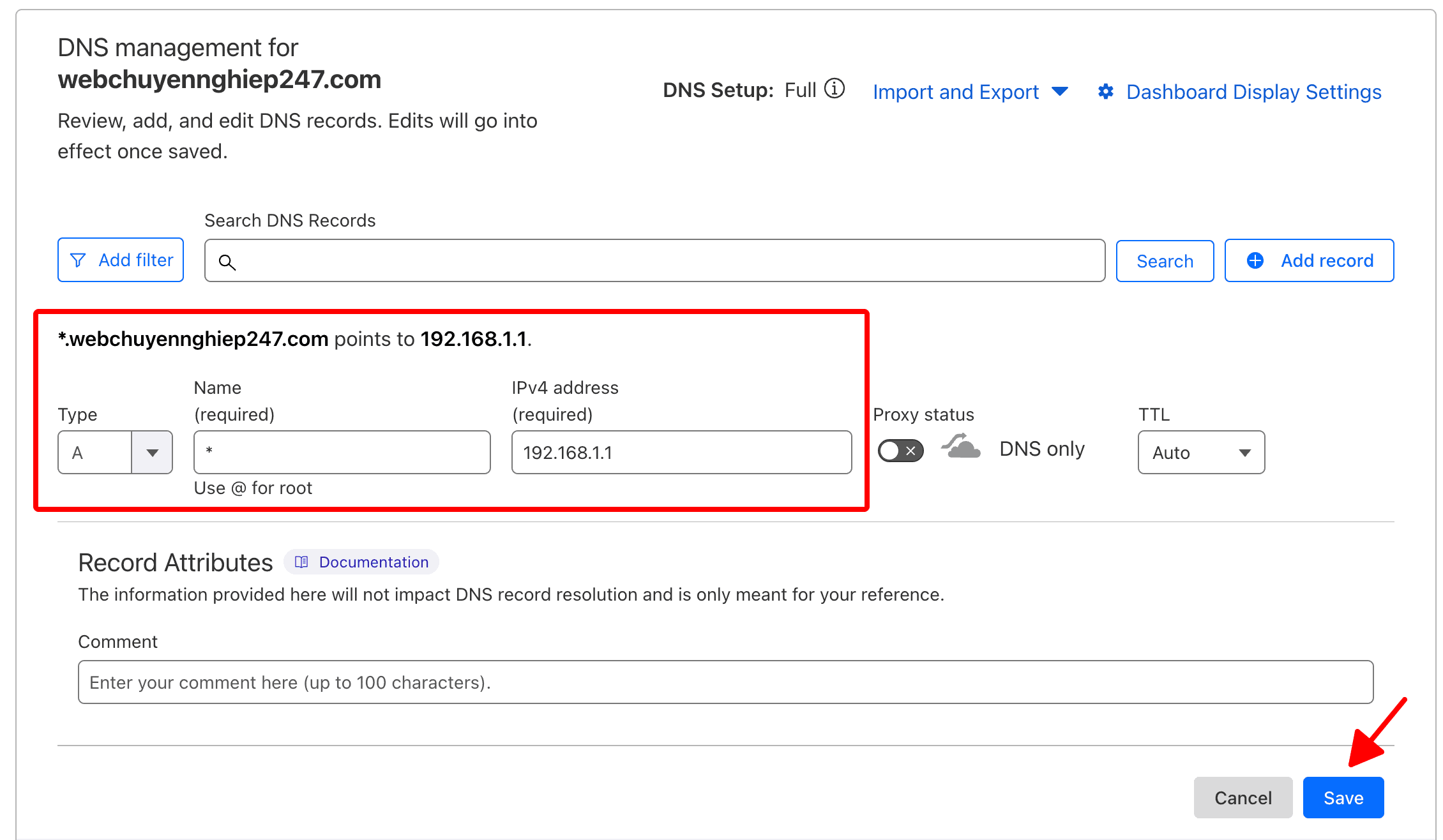 thiết lập wildcard DNS