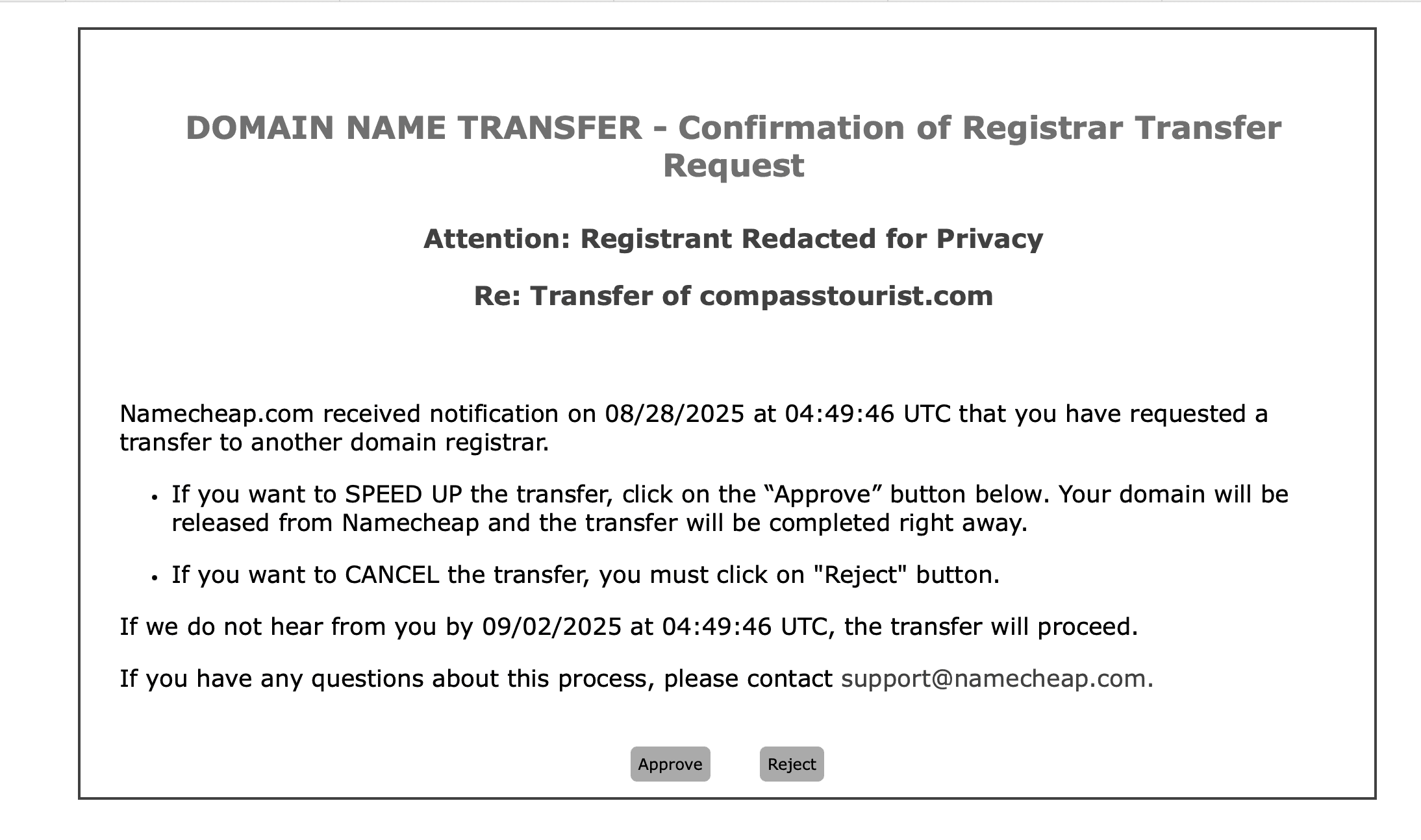 yêu cầu xác nhận chuyển tên miền từ namecheap