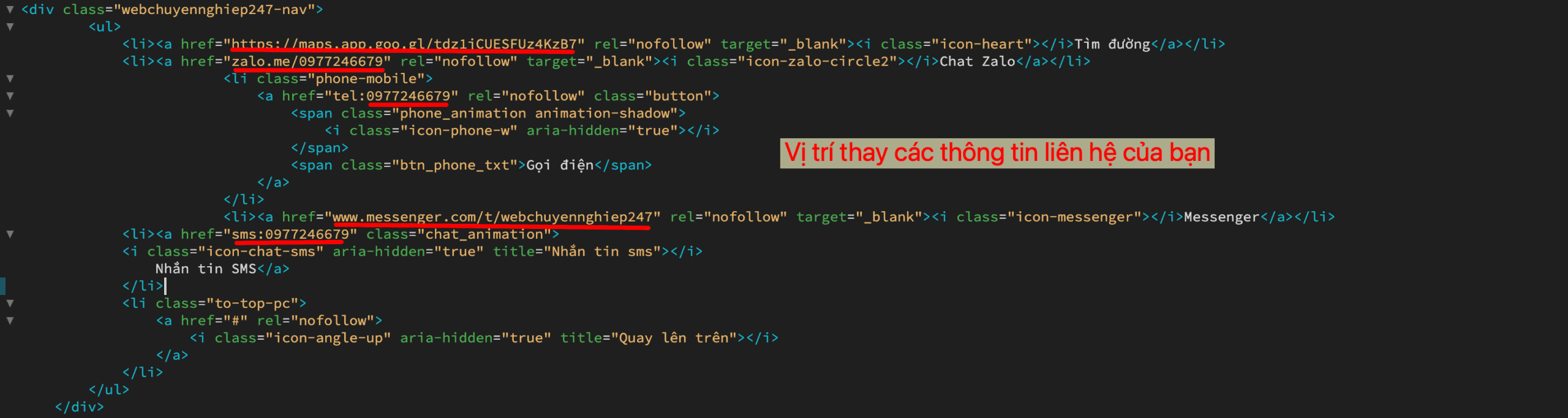 Vị trí thay thông tin liên hệ của bạn
