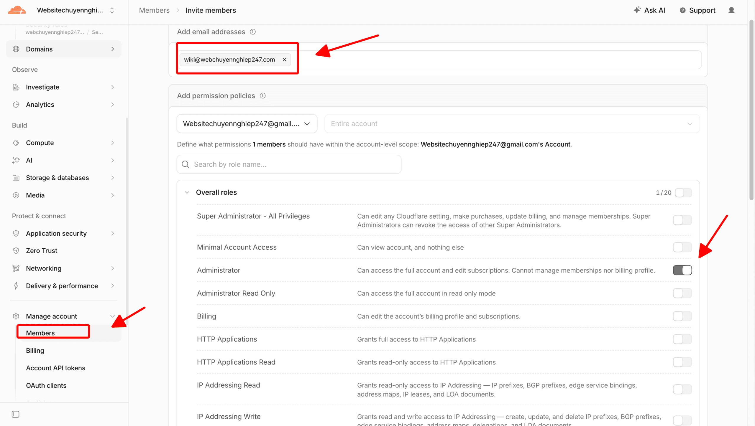 Chia sẻ quyền truy cập tên miền CloudFlare Lựa chọn hình thức phân quyền