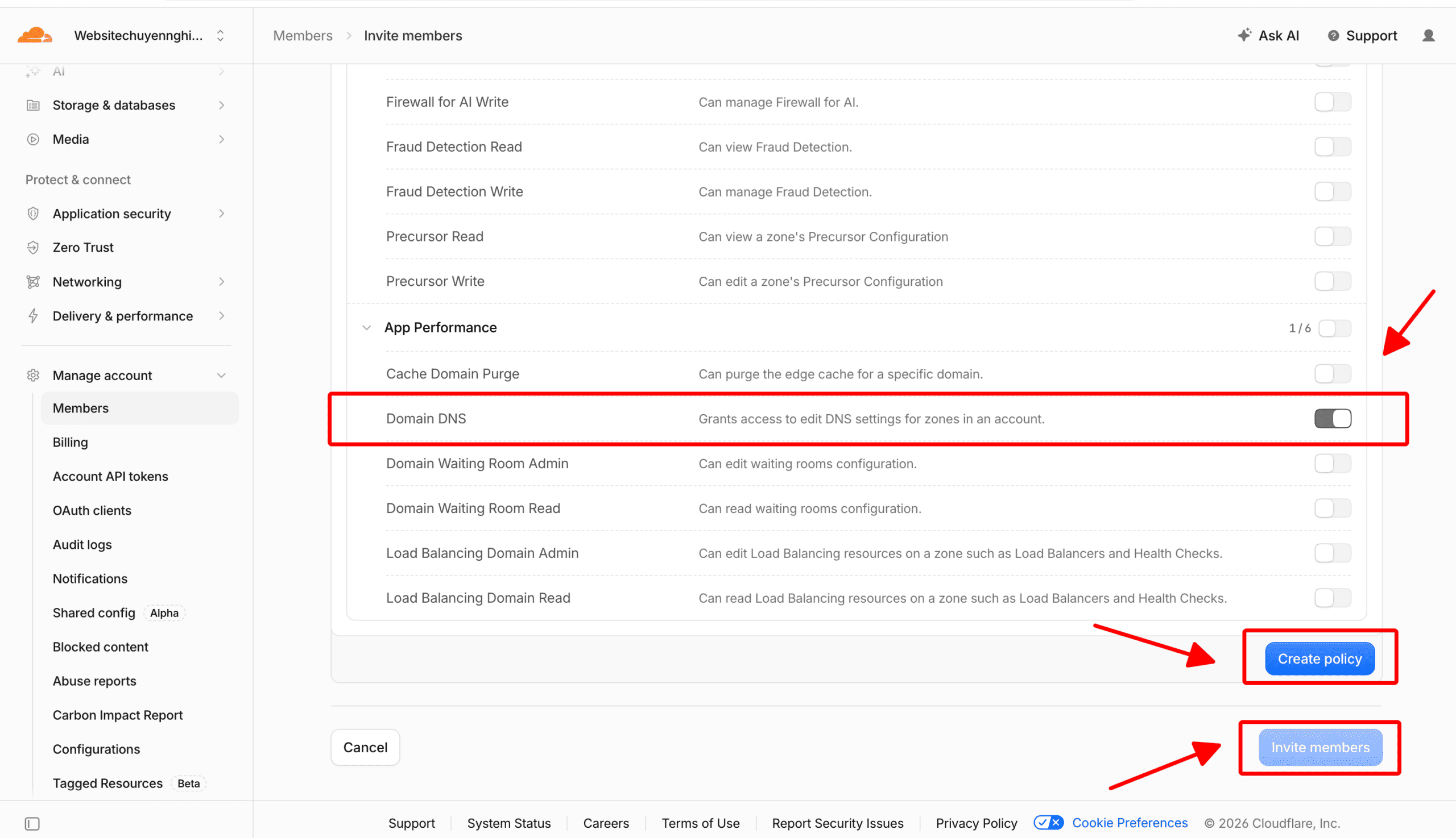 Chia sẻ quyền truy cập tên miền CloudFlare Gửi lời mời members Cloudflare