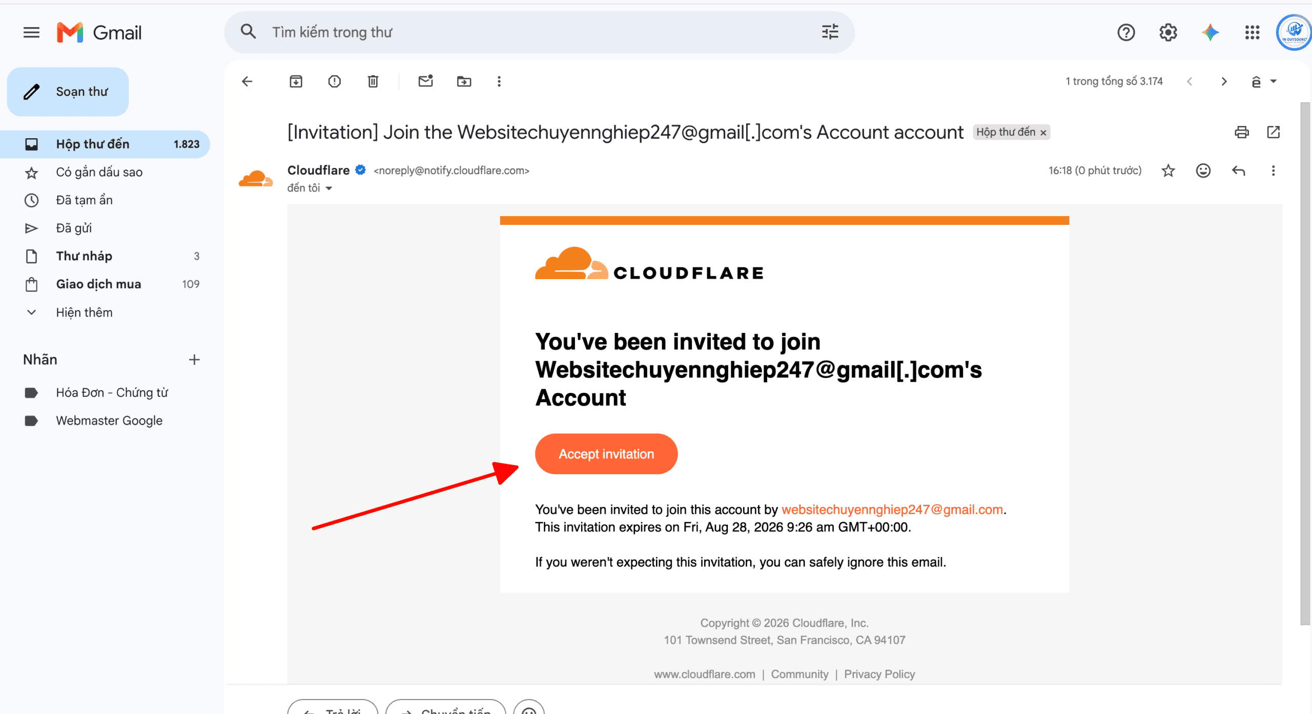 Chia sẻ quyền truy cập tên miền CloudFlare Chấp nhận lời mời members Cloudflare