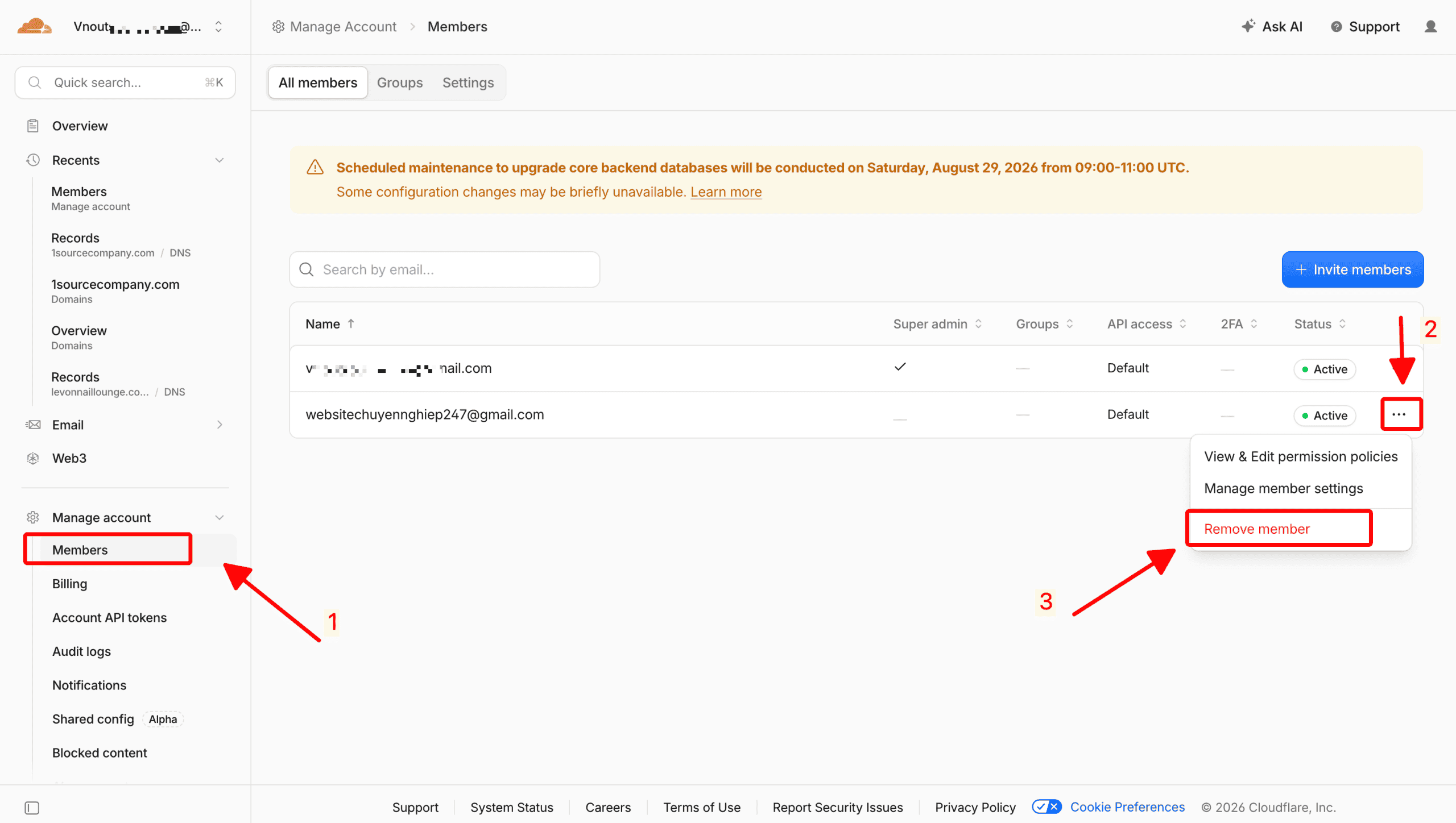 Chia sẻ quyền truy cập tên miền CloudFlare Thu hồi quyền members Cloudflare