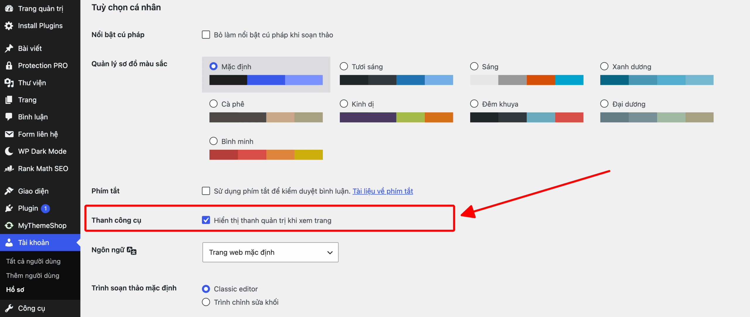 Sửa lỗi Missing Admin Bar trong WordPress Kiểm tra lại tùy chọn trong User Profile