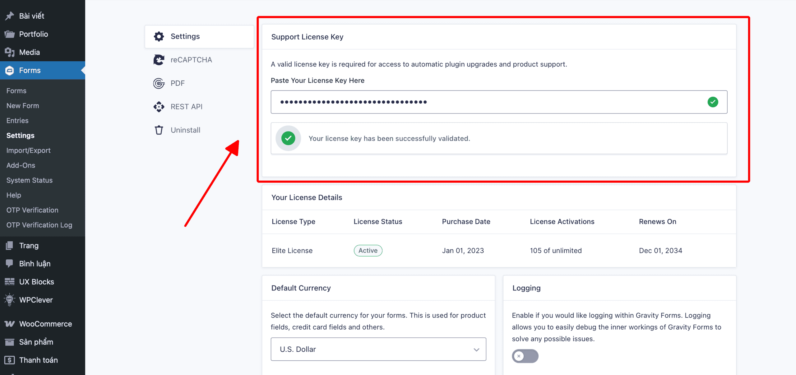 Hướng dẫn cài đặt Gravity Forms trên WordPress Cấu hình bản quyền (License Key) Gravity Forms