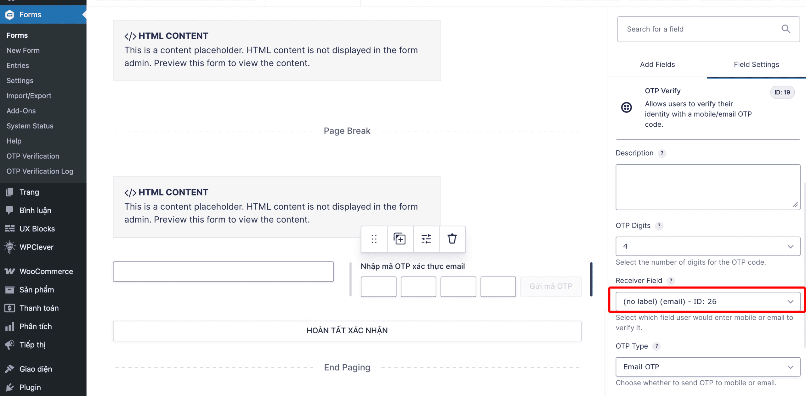 Hướng dẫn Gravity Forms OTP Verification SMS/Email từ A–Z trên WordPress Receiver Field