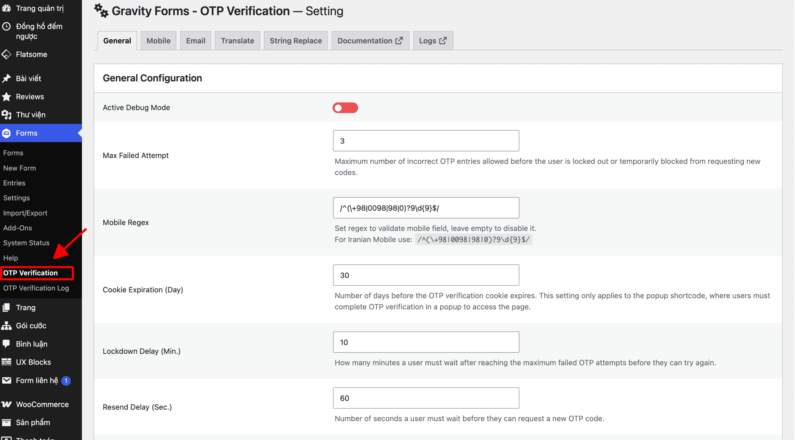 Hướng dẫn Gravity Forms OTP Verification SMS/Email từ A–Z trên WordPress Giao diện cài đặt OTP Verification