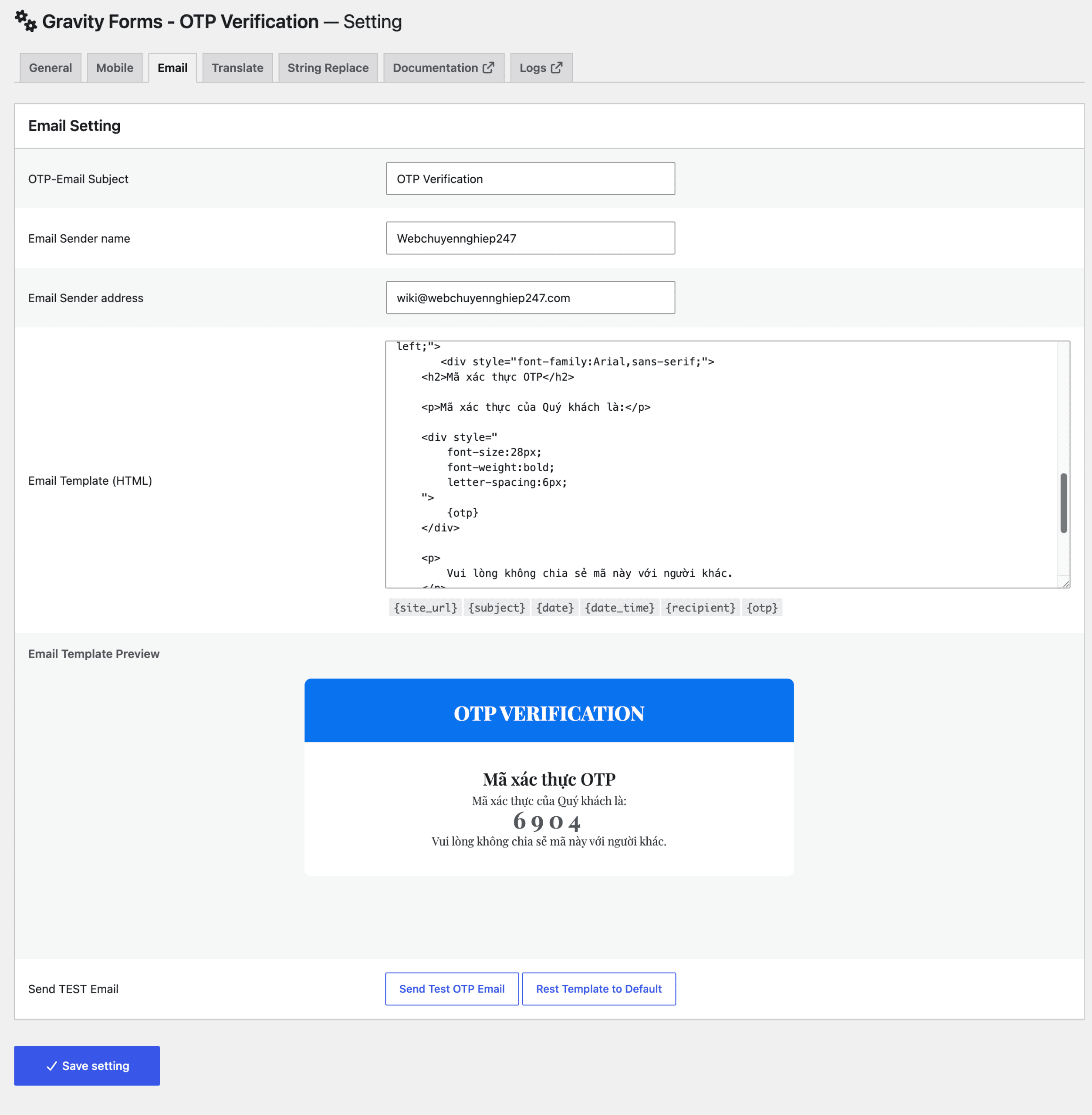 Hướng dẫn Gravity Forms OTP Verification SMS/Email từ A–Z trên WordPress Tùy chỉnh Email Template OTP